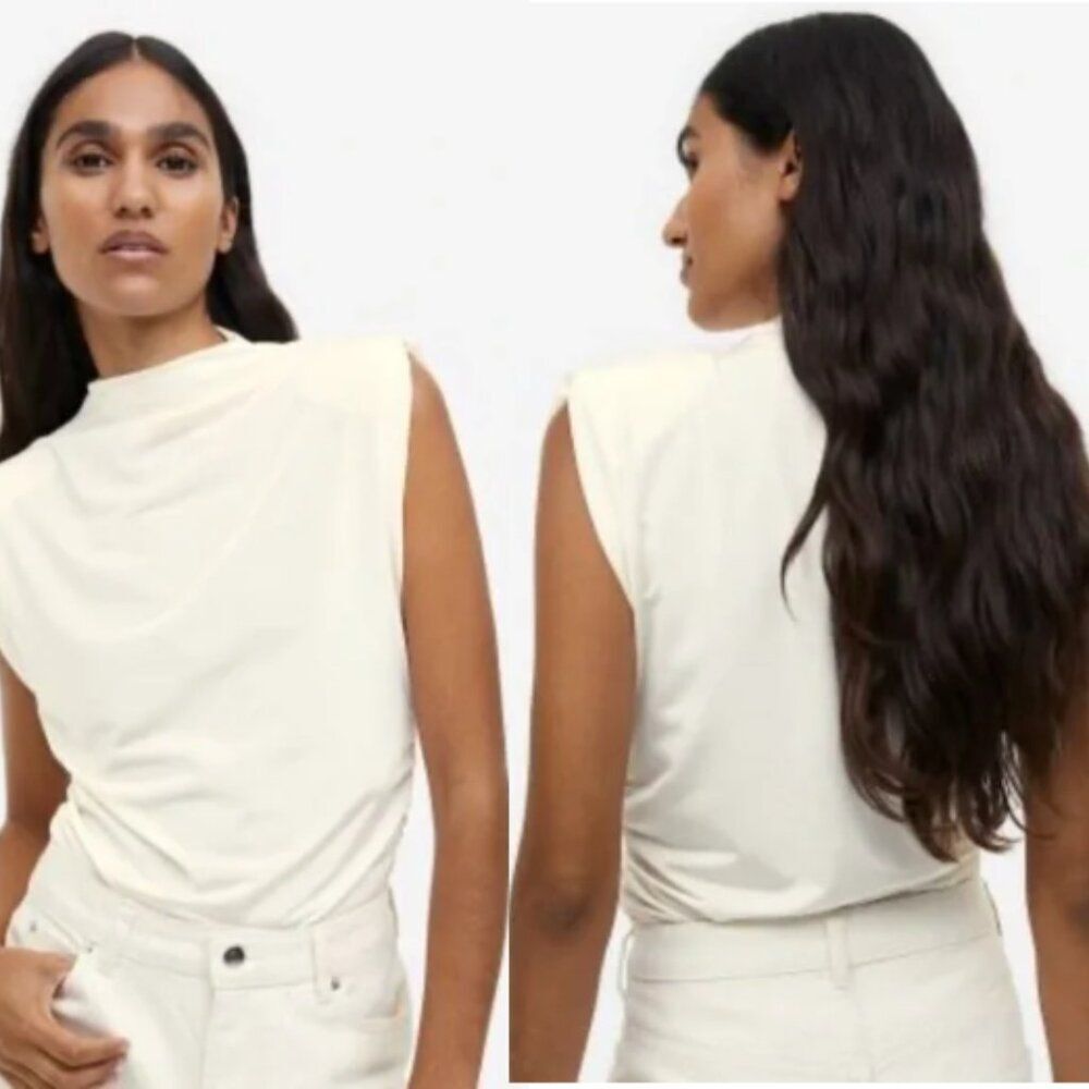 H&M Sleeveless Draped Shoulder-Pad  Fitted Blouse Top Cream Womens XL Minimalist